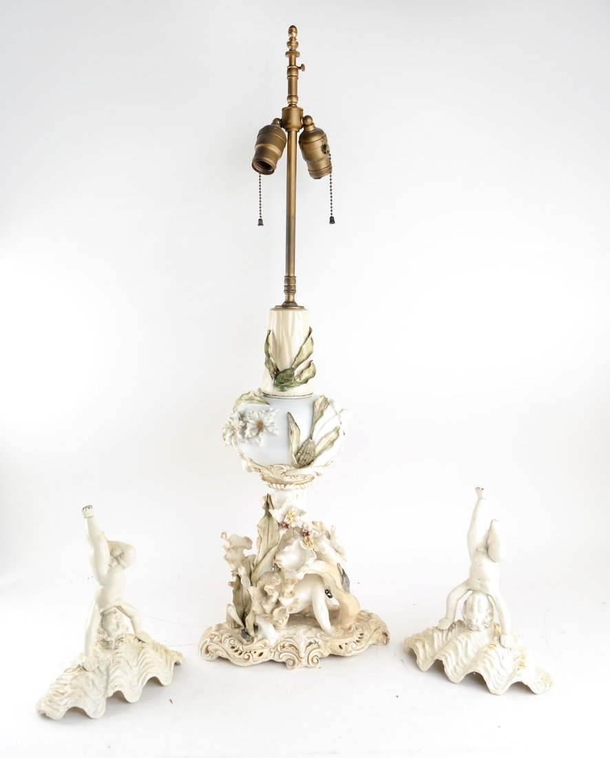 19th C. Moore Bros. Lamp, 2 Sconces (1 of 7)