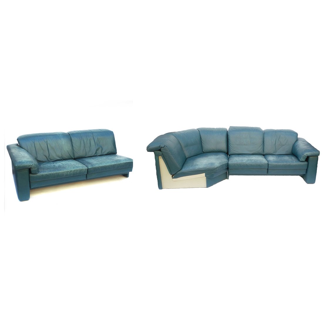 Cy Mann Three-Part Sofa: Three-part sofa with blue-green upholstery by Cy Mann. [2 straight sections: 133" L x 33" D each; Corner section: 63" Dia]. Worn with abrasions.