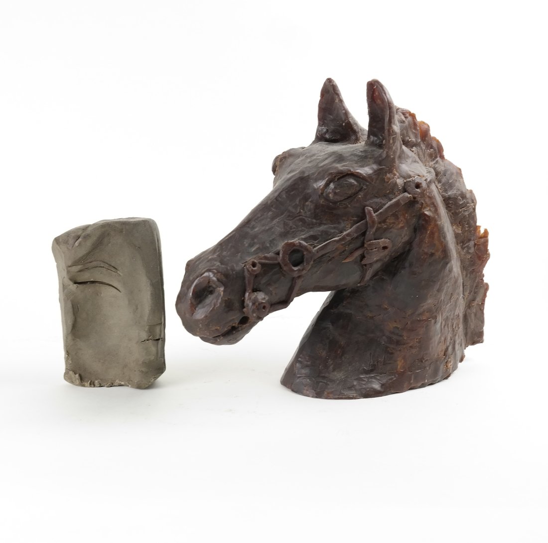 Wax Horse and Clay Face Sculptures: Comprising: 1.) Wax horse sculpture. [9" H x11" W x 4" D]. 2.) Modern face in clay. [5" x 3" x 2 1/2"]. Both works in progress.