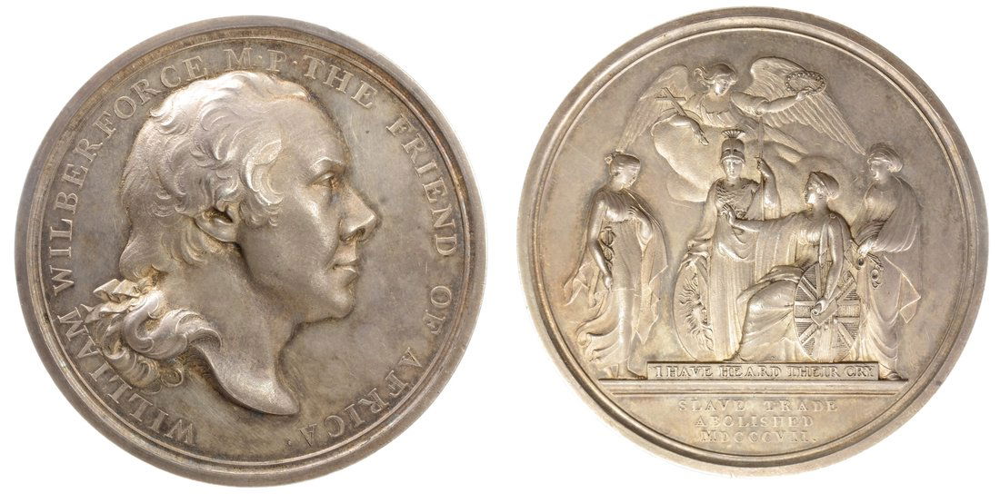 1807 Britain Slave Trade Abolished: Superb British silver medal by Thomas Webb, manufactured by Spooner in Birmingham, 53mm, plain edge. Exemplary high-relief portrait right of William Wilberforce "The Friend of Africa". The reverse has
