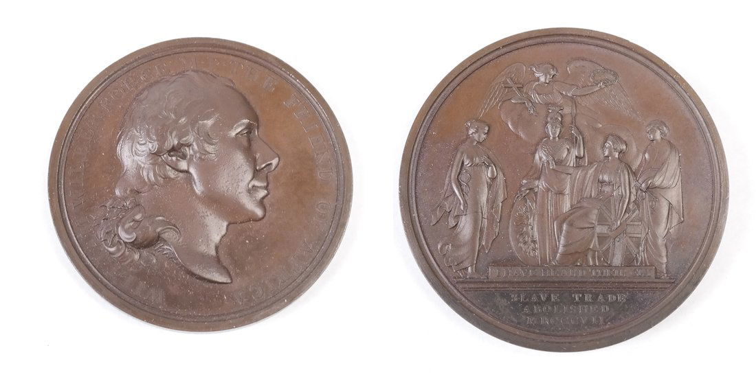 1807 Britain Slave Trade Abolished: Thomas Webb's slave trade abolished medal in bronze, 47mm. Wilberforce right. Reverse with allegory. A second handsome bronze Wilberforce medal, proof-like extremely fine, very minor marks.