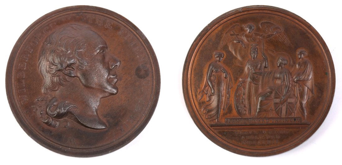 1807 Britain Abolition Bronze Medal: William Wilberforce head r. THE FRIEND OF AFRICA, Rev. Angel over seated Britannia with Pallas, Liberty and Hygeia, I HAVE HEARD THEIR CRY. By Thomas Webb. 54.1mm, 5.26mm thick, 90 grams. BHM 627. Dee
