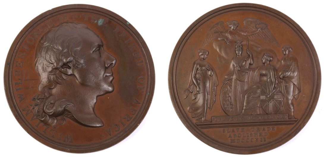 1807 Britain Abolition Bronze Medal: William Wilberforce head r. THE FRIEND OF AFRICA, Rev. Angel over seated Britannia with Pallas, Liberty and Hygeia, I HAVE HEARD THEIR CRY. By Thomas Webb. 53.6mm, 3.5mm thick, 63.5 grams. BHM 627. De