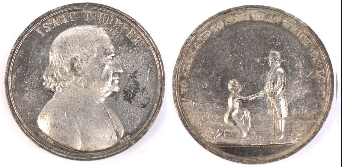 1850 US Isaac T. Hopper Medal: White metal medal depicting bust r. in Quaker attire of noted abolitionist and social reformer Hopper (1771-1852), Hicksite adherent in the Society of Friends, joined the Pennsylvania Abolitionist Soc