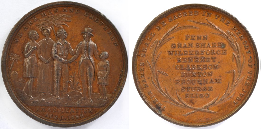 1838 Britain Abolished Medal: 1838 Britain We Are Brethren slavery abolished bronze medal. White gentleman and lady with newly freed Black man, woman and child, WE ARE MEN AND BRETHREN. Rev. List of emancipators PENN of PENNSYLVAN