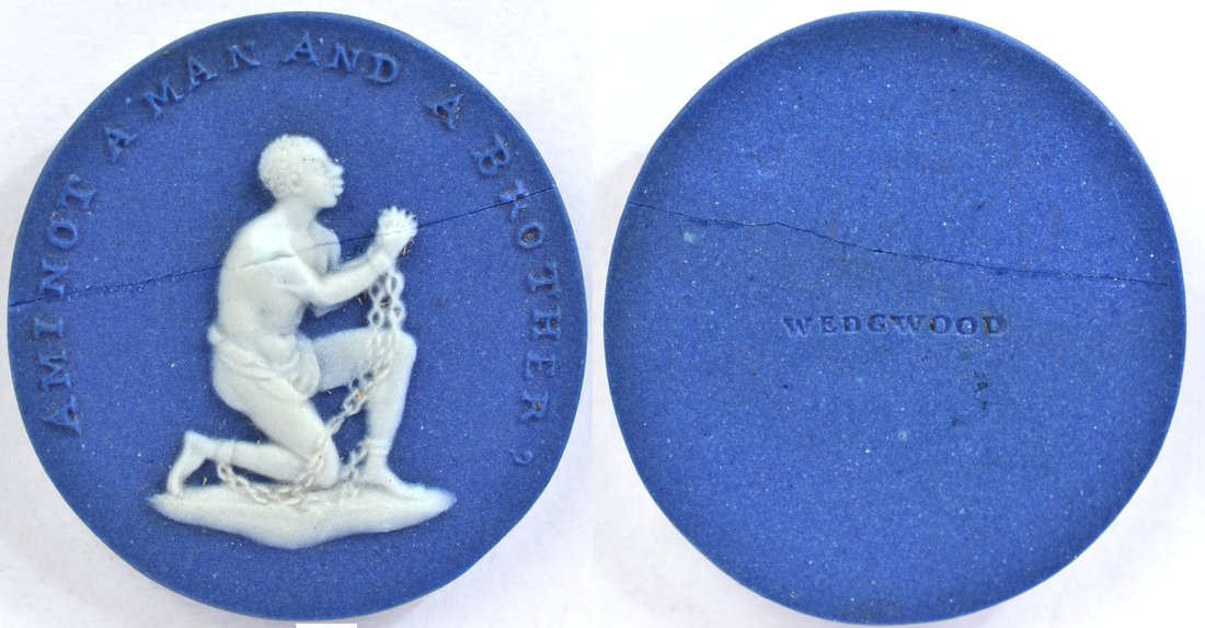 1782 Britain Wedgwood Porcelain Medal: 1782 Britain Wedgwood kneeling slave porcelain medal. Blue porcelain oval, 32.3 x 29.6mm with superimposed delicate white figure of kneeling slave, AM I NOT A MAN AND A BROTHER. Rev. Incuse WEDGWOOD. 