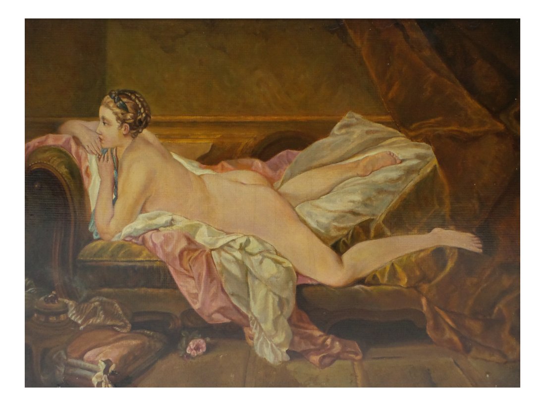 Nude Female, Oil on Board: Oil on board depicting a reclining nude female. Unsigned. [Sight: 11 1/2" H x 15 1/2" W; Frame: 17 1/2" H x 21 1/2" W]. Some surface grime and scratches.