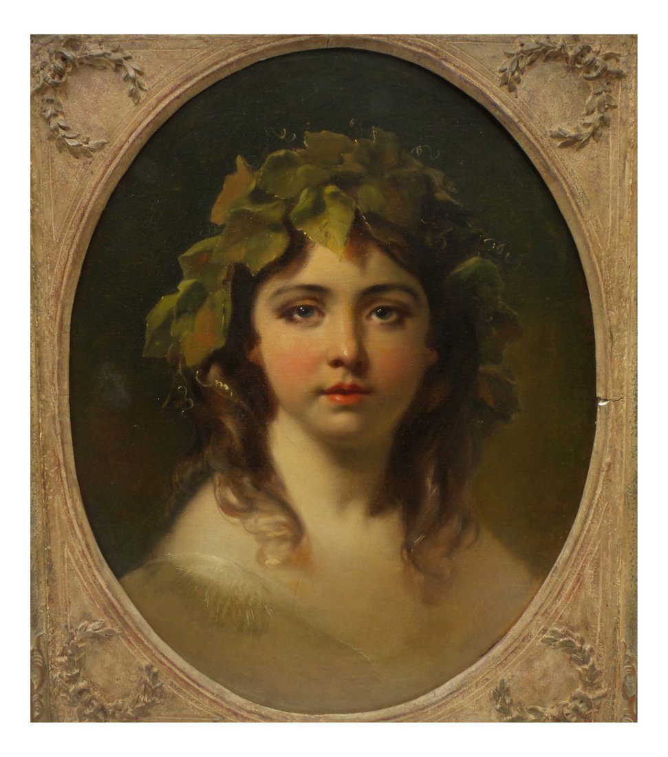 Portrait of a Young Lady, Oil on Board: Portrait of a young lady with leaves in her hair. Stamped on back "4H, to William Aldolphe Bougereau, French 1825-1905". [Sight: 20" H x 15 3/4" W; Frame: 25 1/2" H x 21 1/2" W]. Small gash on frame, 