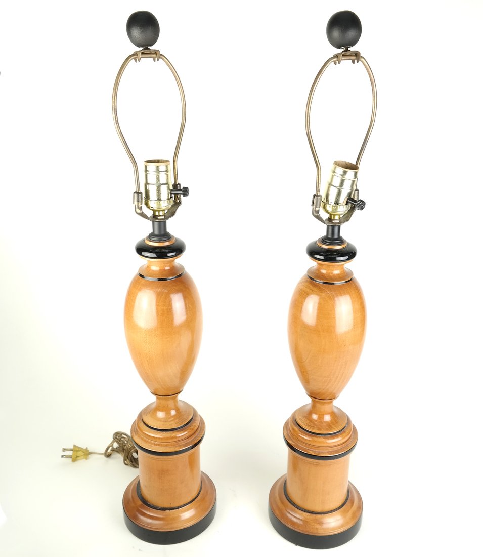 Pair of Biedermeier-Style Lamps: Pair of wood urn-form lamps. [5" Dia bases x 20" H to sockets].