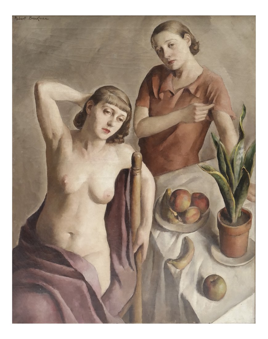Robert Brackman, Young Women: Robert Brackman (Ukranian-American, 1895-1980). Modernist depiction of two young women, one a seated nude, the other standing in background, both around a table with fruit. Signed top left "Robert Bra