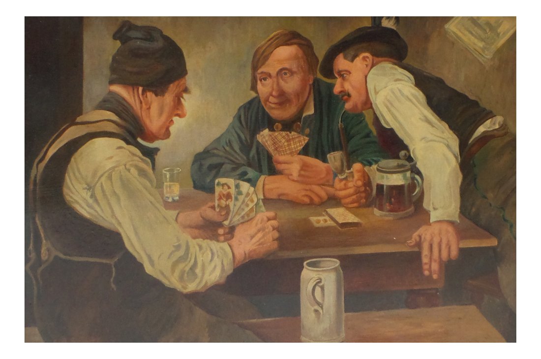 Carl Schutz, Three Men Playing Cards: Oil on board depicting three men playing cards. Signed lower left. [Sight: 14 3/4" H x 21" W; Frame: 18" H x 24" W]. In good condition.