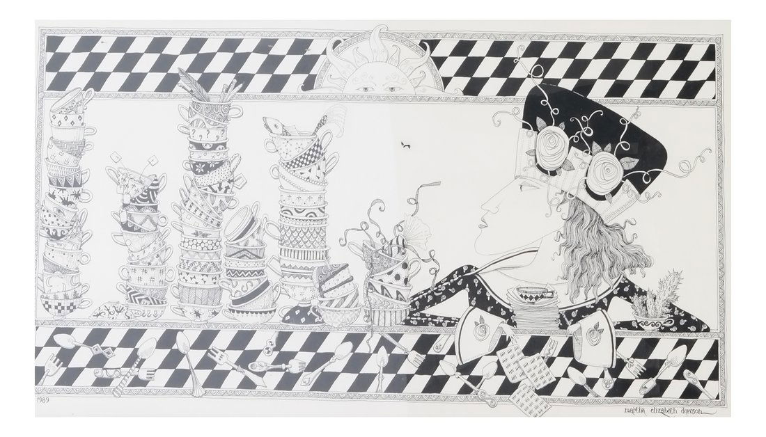 Martha Elizabeth Dawson, "The Teacup...": Martha Elizabeth Dawson, "The Teacup Counter". Pen and ink, signed lower right, dated lower left "1989". Artist's labels on verso. [Sight: 15 1/2" H x 29 1/2" W; Frame: 20 1/2" H x 34" W]. In good con