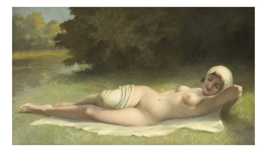 Hans Hassenteutel, Reclining Nude: Hans Hassenteutel (German, 1887-1943). Oil on canvas depicting a reclining nude. Signed upper right "Hassenteutel, Munchen". [Art: 27" x 47 1/2" W; Frame: 34" H x 54" W]. In good condition with light 