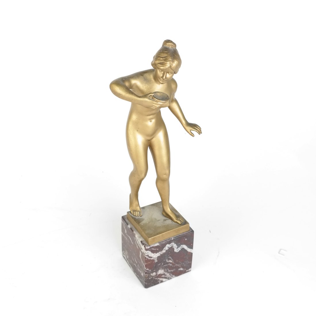 Hans Keck, Gilt Bronze Female Nude: Hans Keck gilt bronze sculpture on marble base depicting female nude drinking. Signed on base "H. Keck". [3" x 5" x 12" with base]. Minor discoloration to gilt.