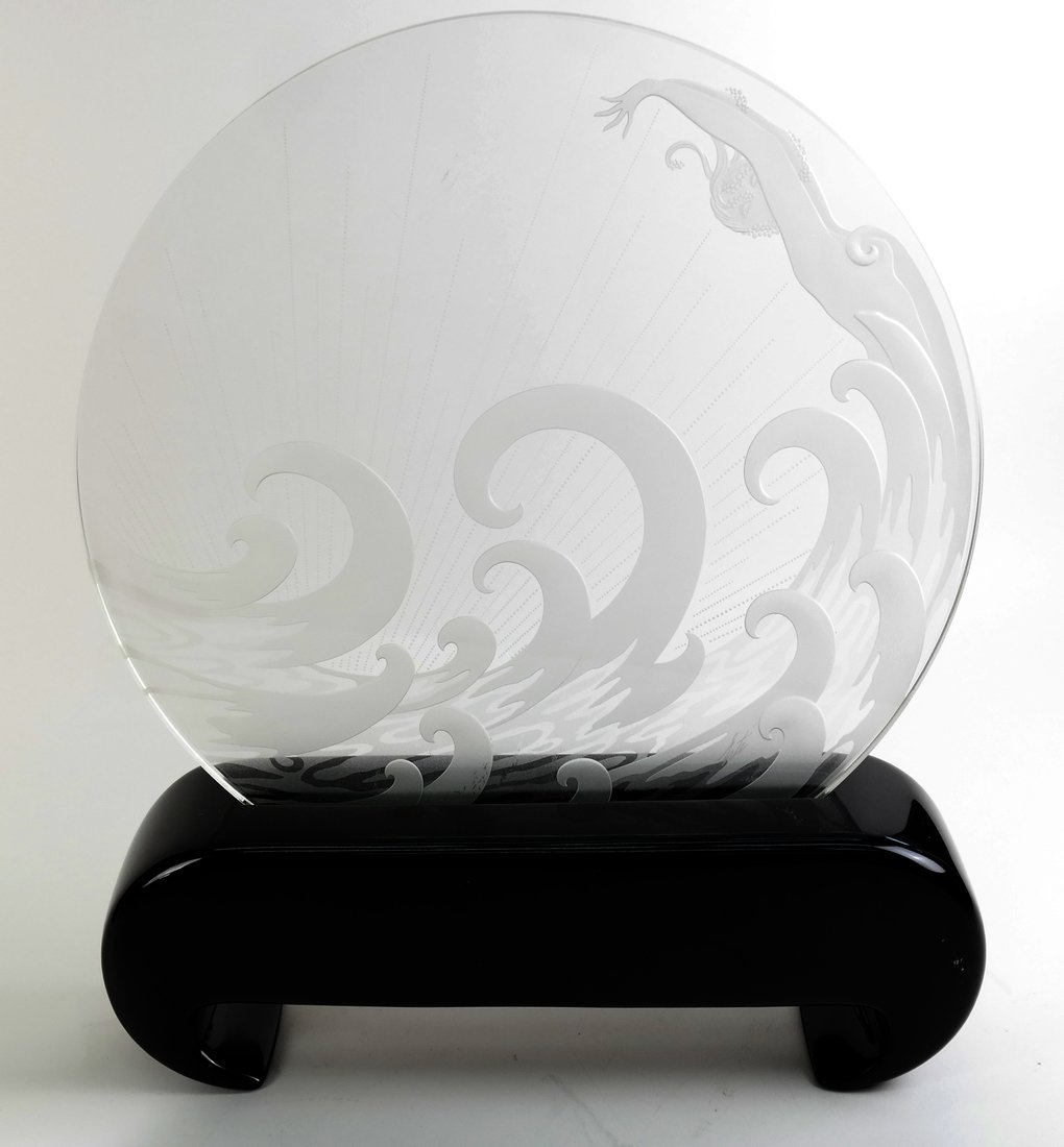 Erte Etched Glass: Erte etched glass with a base fitted with a light. Signed in the lower right, # 28/99. [22" H x 18" W x 4" D]. In very good condition.
