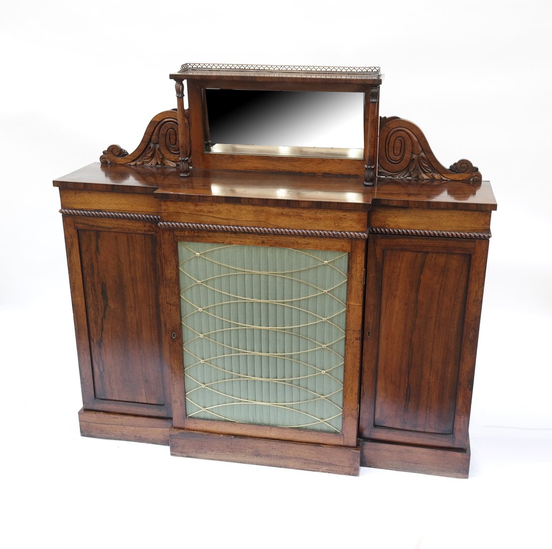 Regency Exotic Wood Credenza: 19th century English one-door, one-drawer credenza with a super structure top. [52" L x 13" W x 50" H]. Wear commensurate with age.
