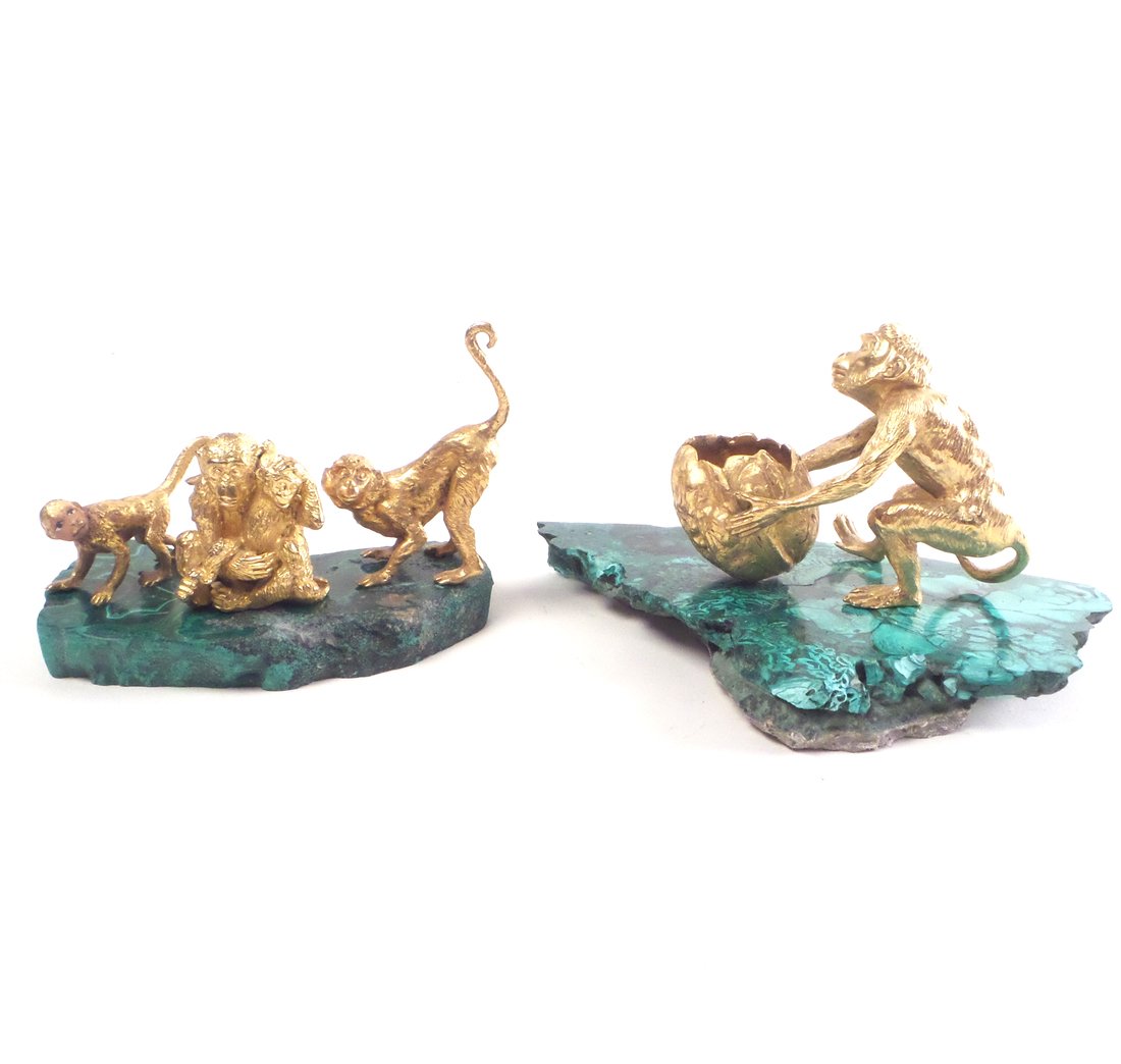 Bronze Monkeys With 2 Malachite Bases (1 of 8)