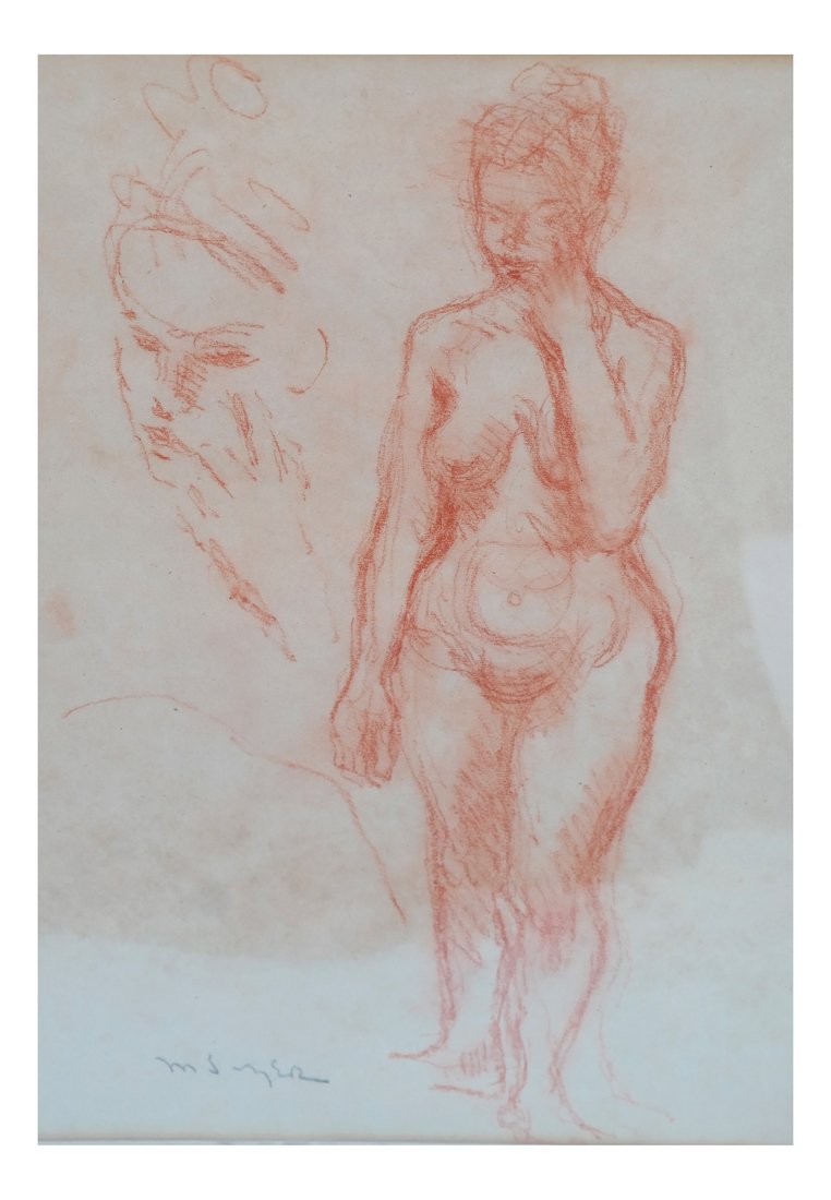 Moses Soyer, Nude Female - Conte Crayon: Moses Soyer (American, 1899-1974). Conte crayon on paper depicting nude female, signed lower left. [Sight: 13" H x 9 3/4" W; Frame: 18" H x 14" W]. Mat burn.