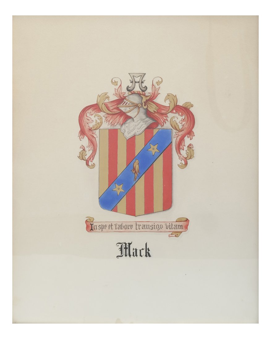 Scottish Coat of Arms, "Mack": Framed gouache on paper. [Sight: 14 1/2" x 11 1/2" Frame: 16 1/2" x 13 1/2"].