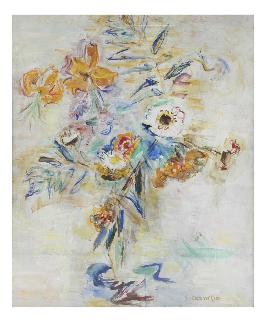 Floral Still Life Painting: Tempera and watercolor on panel, signed "S.Carvallo" lower right. [Sight: 19 1/2" x 15 1/2"; Frame: 28 1/2" x 24 1/2"].