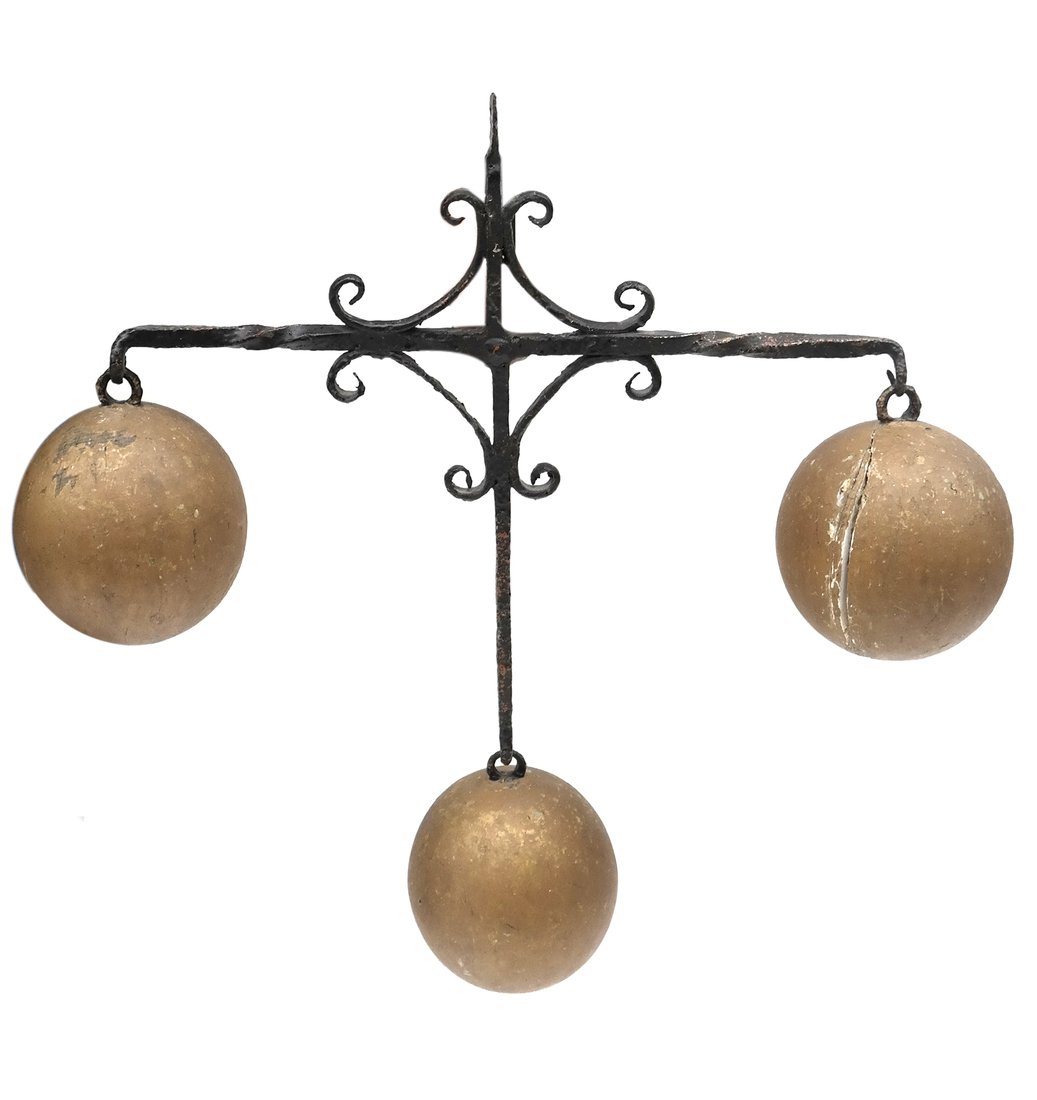Pawn Shop Sign: Antique triple ball advertising trade sign. [28 1/2" L x 12 1/2" D x 24 1/2" H]. Damage to all balls.