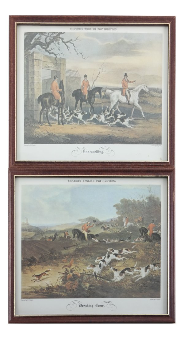 Pair of Shayer Hunting Prints: Framed pair of "Shayer's" hunting prints. [Frame: 9" H x 10" W]. In good condition, not examined out of frame.