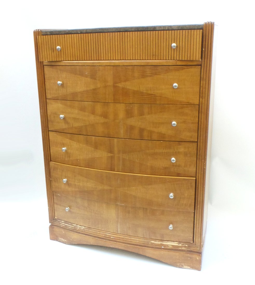 Italian Modern Tall Chest: Italian marble inset tall chest with an upper tambor front drawer, diamond design drawer fronts. [56" H x 40" W x 16 1/2" D]. Nicks, abrasions, top drawer needs minor repair.