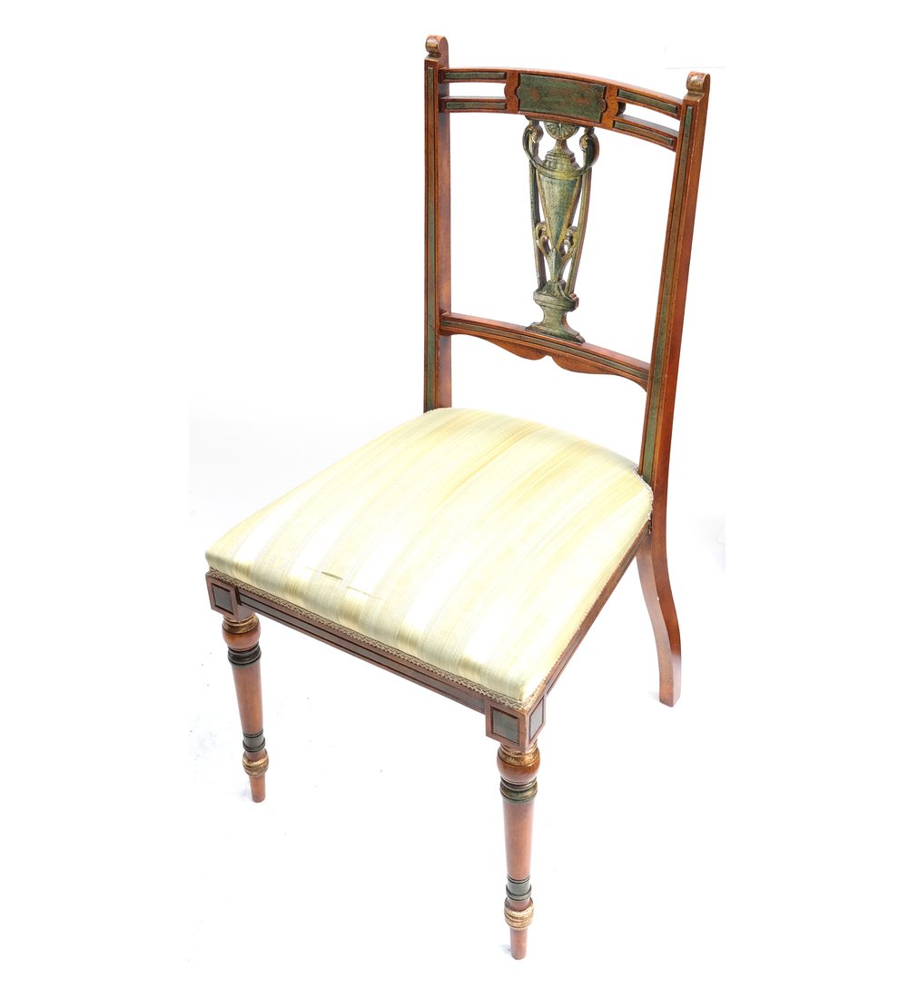 Sheraton Style Side Chair: Sheraton style side chair with partial painted and gilt with vase shaped back splat. [35 1/2" H x 17" W x 16" D; Height to seat: 17" H]. Minor nicks and scratches.