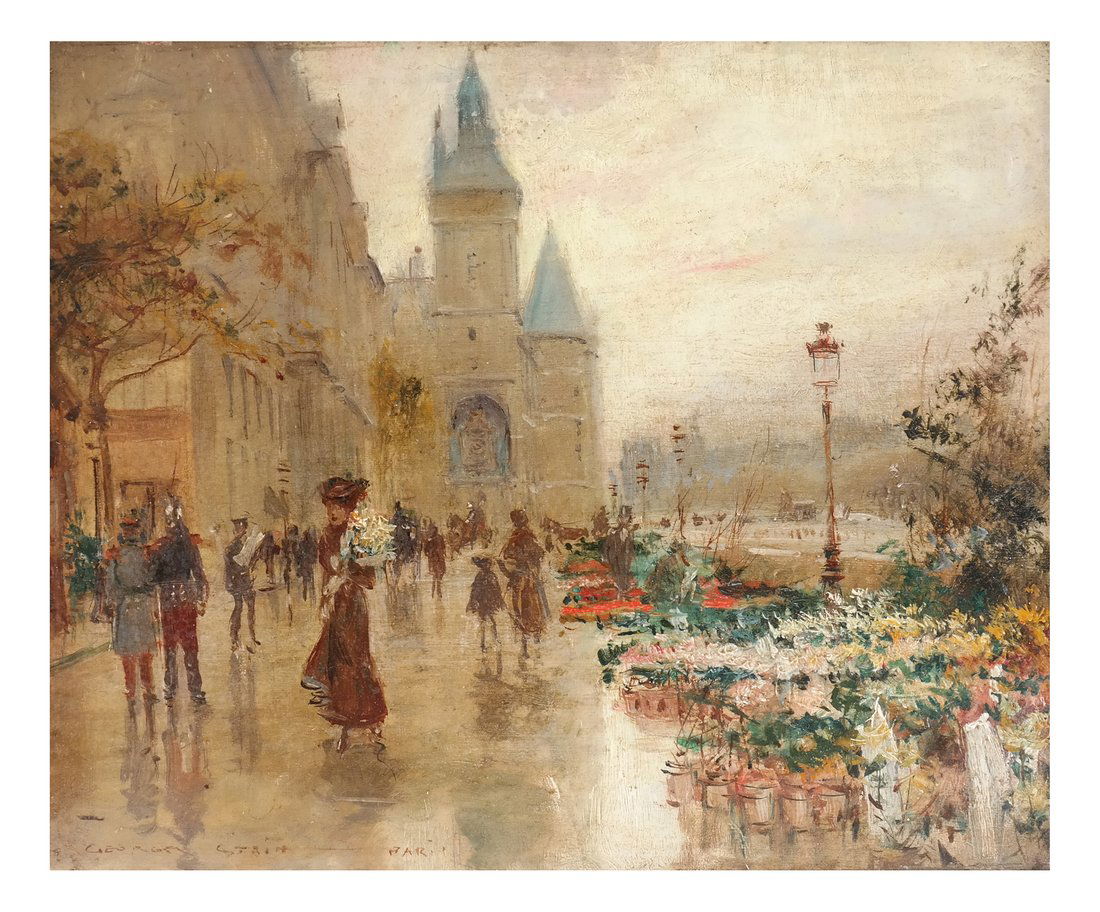 Georges Stein, O/P, Paris Street Scene: Georges Stein (France 1870-1930), oil on panel, Paris street scene. Signed lower left. [Sight: 7 1/4" H x 9 1/4" W; Frame: 14 1/4" H x 16" W]. Surface grime.
