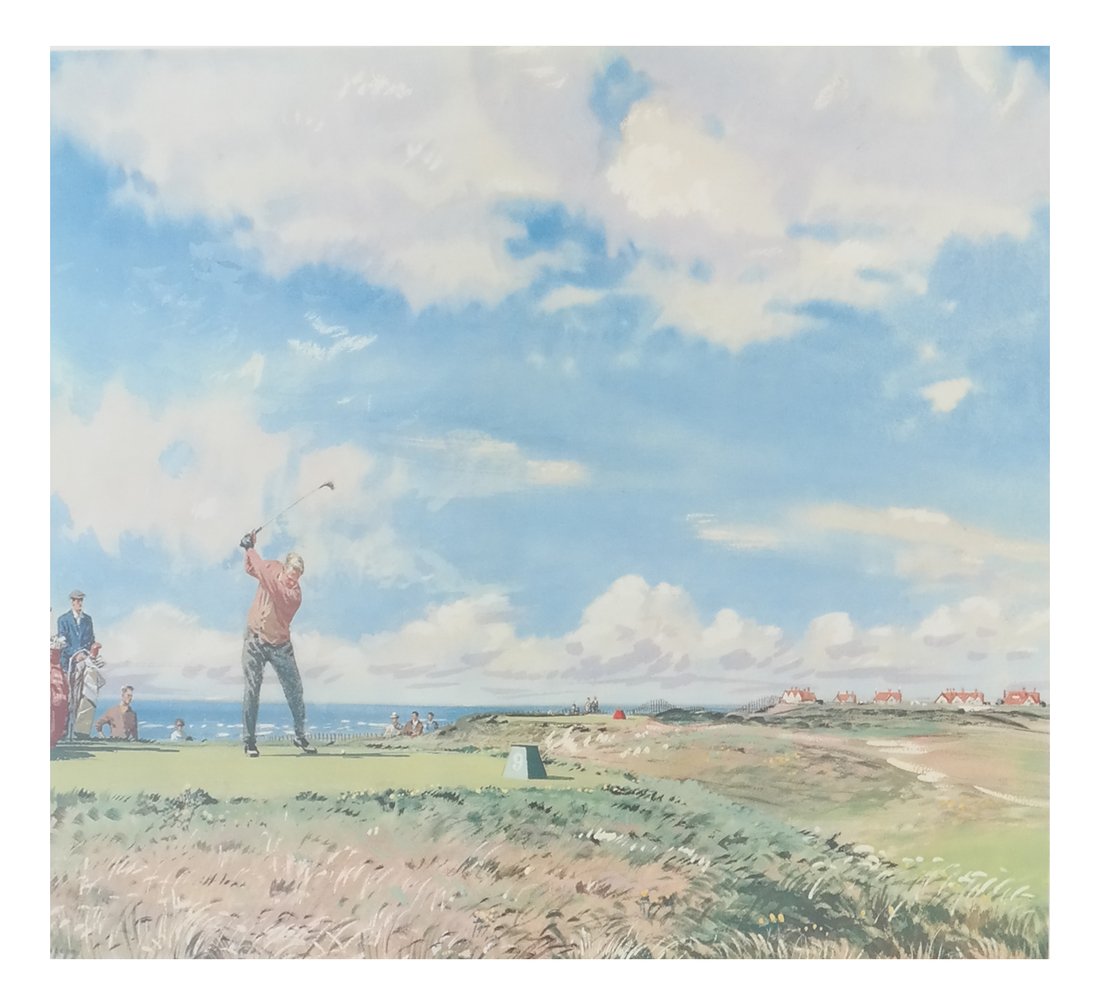 Weaver, "The Master Stroke" Golf Print: Arthur Weaver print titled "The Master Stroke". Printed by Frost and Reed, signed in pencil by Weaver lower right. [Sight: 19 3/4" H x 24 1/2" W; Frame: 27 1/2" H x 32 1/2" W].