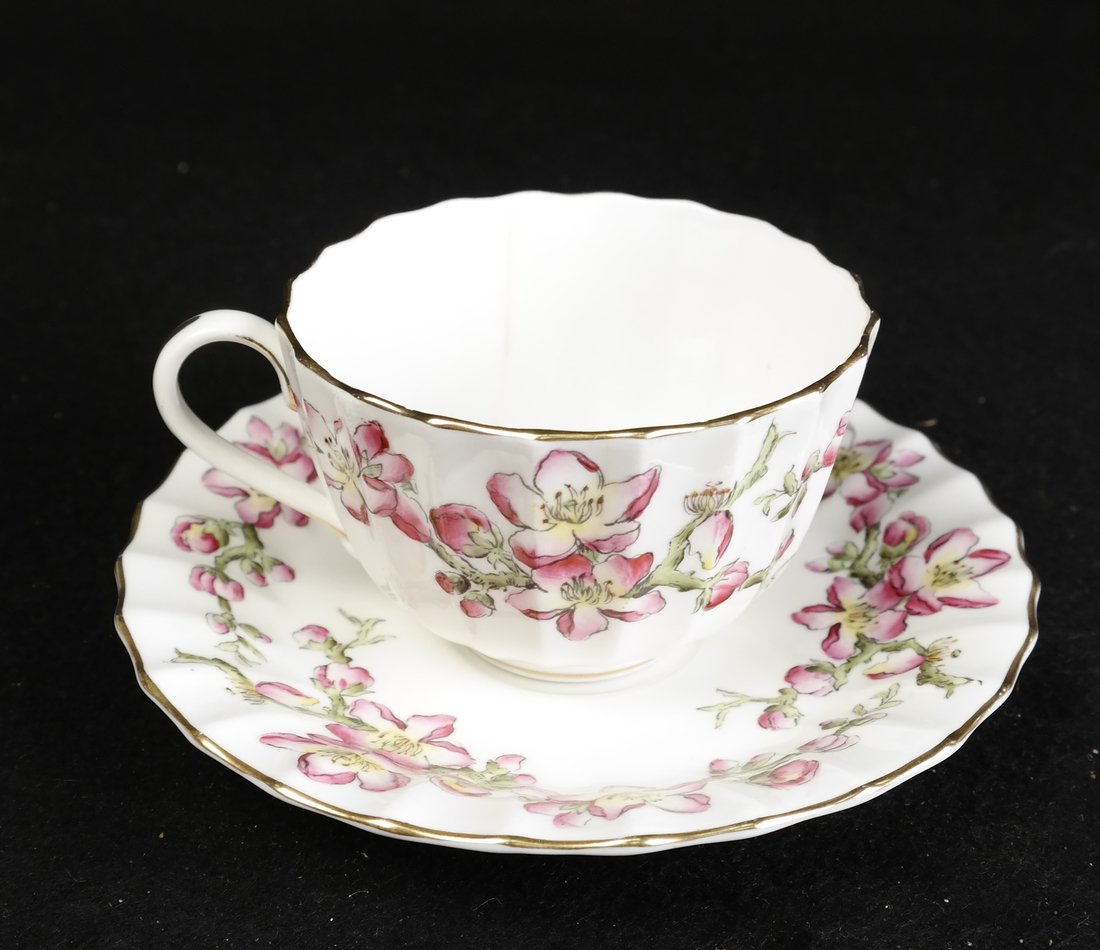 12 Cups and Saucers, Royal Worcester: 12 cups and saucers, Royal Worcester "Pomona". [Cups: 2 3/8" H x 3 1/2" D; Saucer: 5 3/4" Dia]. In good condition, with no obvious issues.
