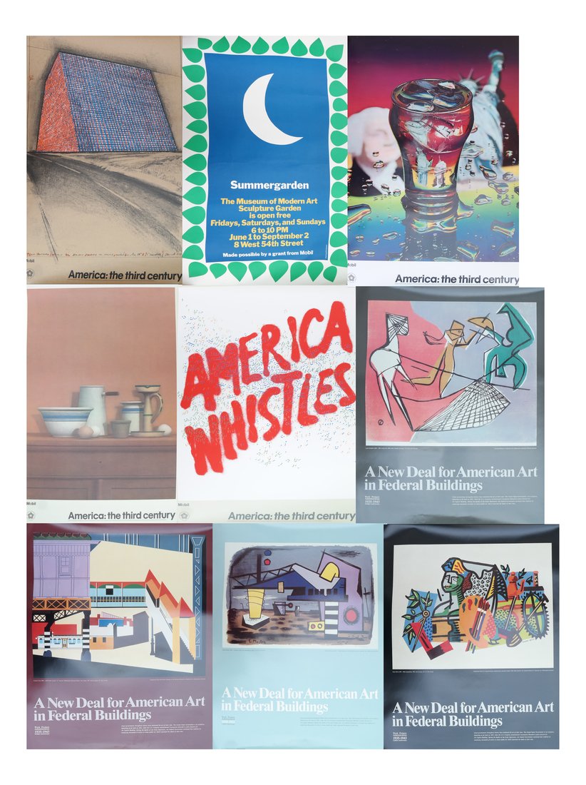 9 Posters: Mobile Bicentennial, WPA: Including Mobile Bicentennial: Christo's Texas Mastaba, 1975; Yankee Flame by Ben Schonzeit; America Whistles by Edward Ruscha; Still life by William Bailey; Museum of Modern Art poster. WPA posters i