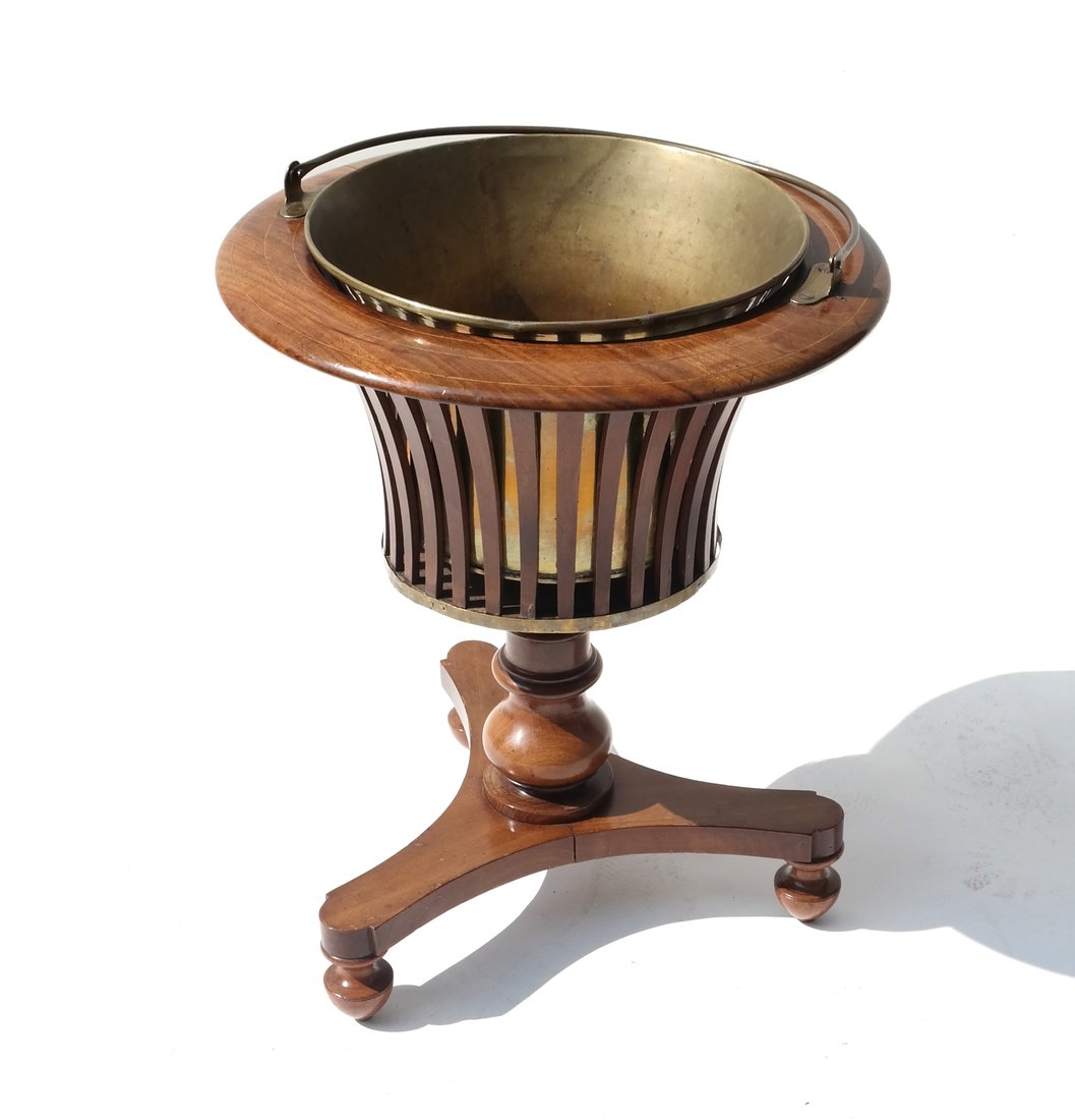 Regency-Style Wine Cooler: Round open-work design pedestal base wine-champagne cooler with liner. [Approximately 19" H x 16" D]. Wear consistent with age.