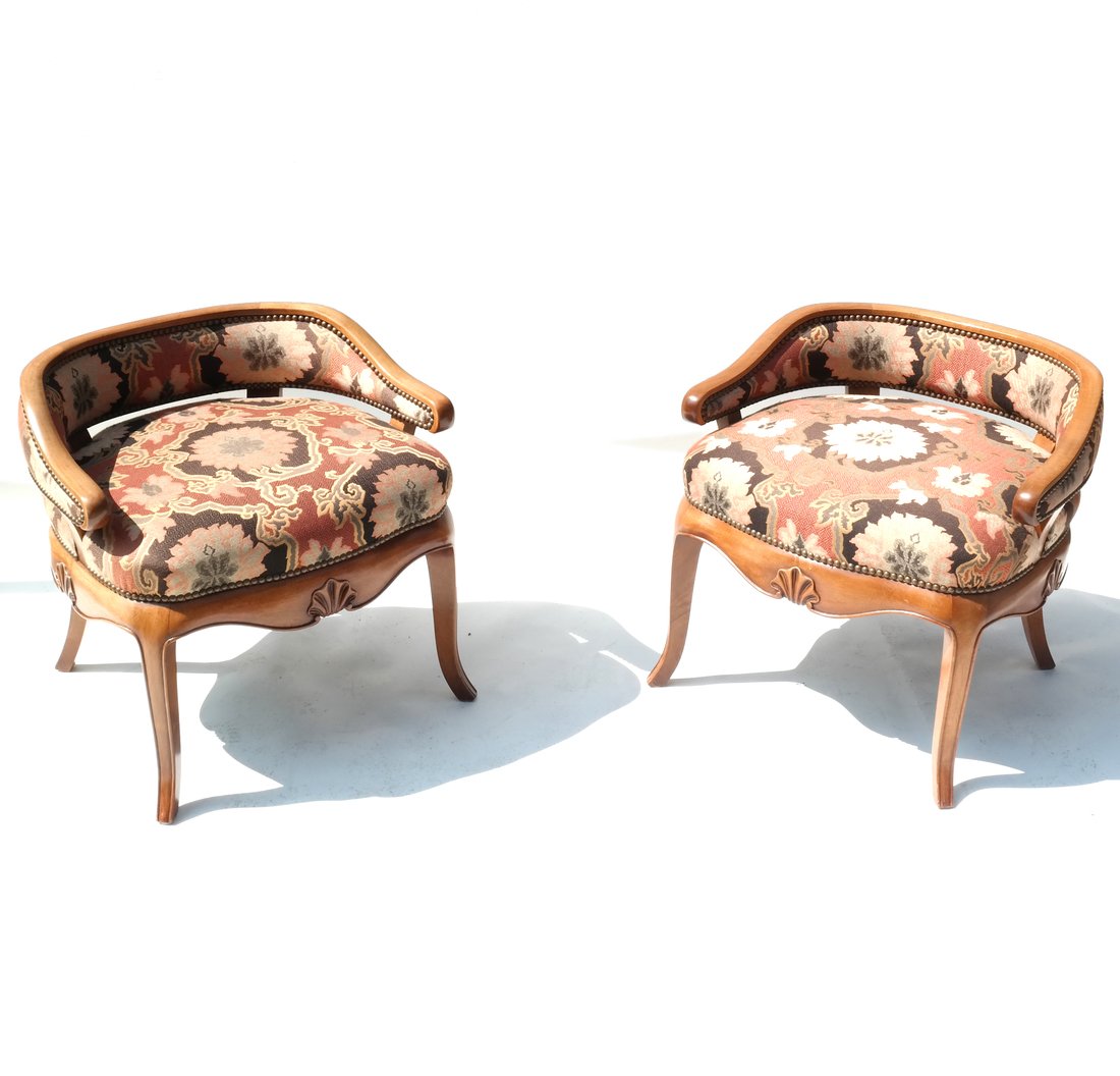 Pair of Slipper Chairs: Pair of upholstered slipper chairs with nail head detail and carved shell detail on apron. [24" H x 25" W x 22" D, height to seat 17"]. Minor nicks to wood.