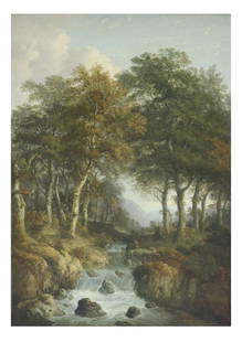 William Traies Landscape Painting: Oil on canvas landscape attributed to William Traies (British, 1789-1872), signed illegibly in lower left corner. "Becky Falls River, South Devon." Labels on verso with title and artist. [Art: 36" H x