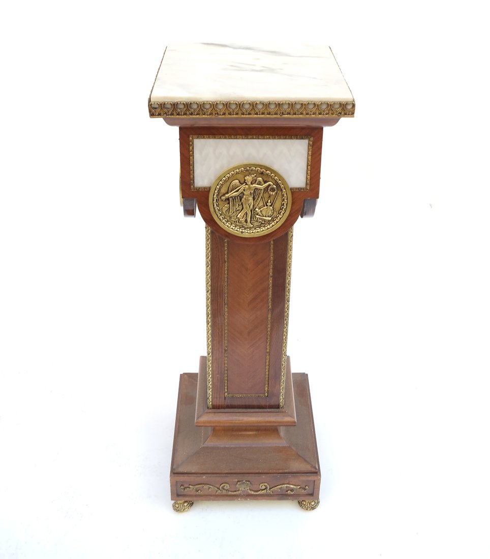 Pedestal with Ormolu and Marble Top: Pedestal with ormolu featuring 4 medallions with classical imagery. [35" H x 11 3/4"].