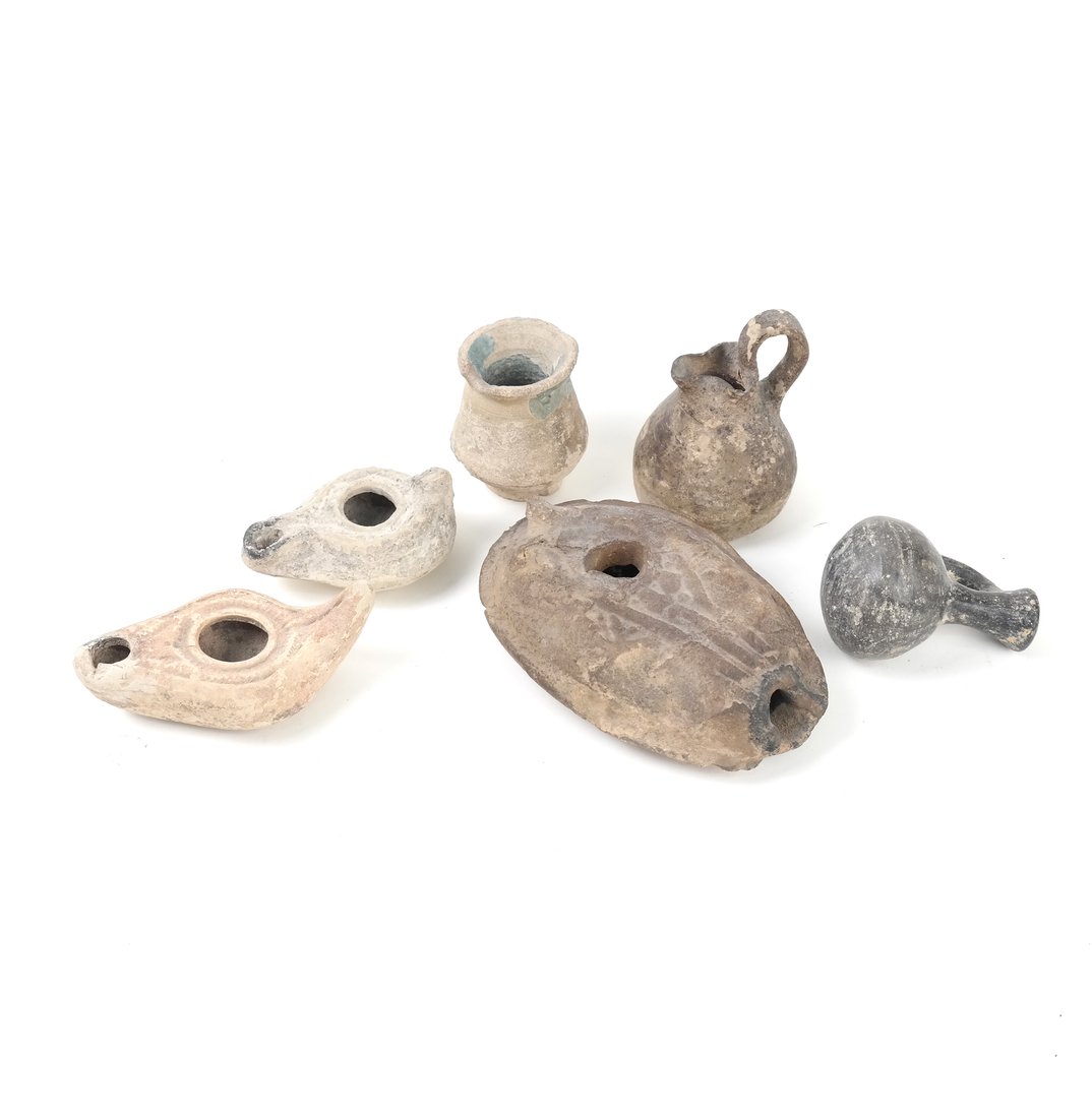 Lot of 6 Pottery Oil Lamps and Vessels (1 of 9)