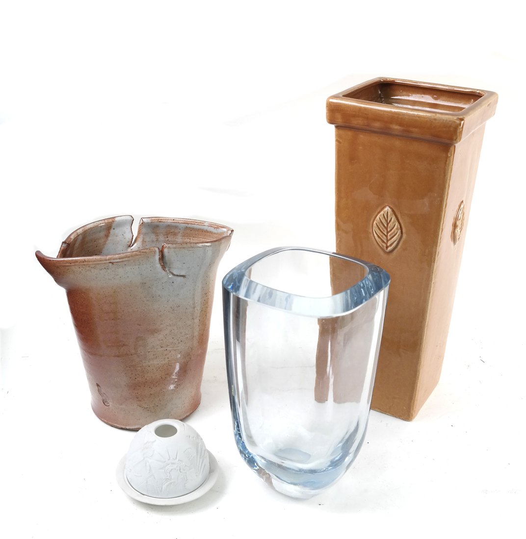 Three Assorted Vases & a Bernardaud Item: Two ceramic vases plus one glass vase and a small candle holder by "Bernardaud'. [Largest measures 15 3/4" H x 6 1/4" W x 6 1/4" D].