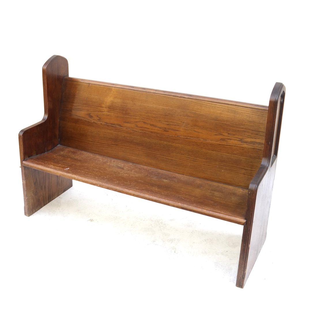 Oak Pew: Oak pew. [37 1/2" H x 54" W x19" D]. Back board split, otherwise solid.