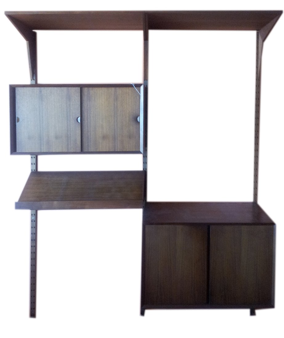 Modular Teak Wall Cabinets and Shelves: Modular teak wall cabinets and shelves. [Cabinets: 21" H x 31 1/2" L x 18" D; 16 3/4" H x 31 1/2" L x 15" D]. Overall good condition, some scratches.