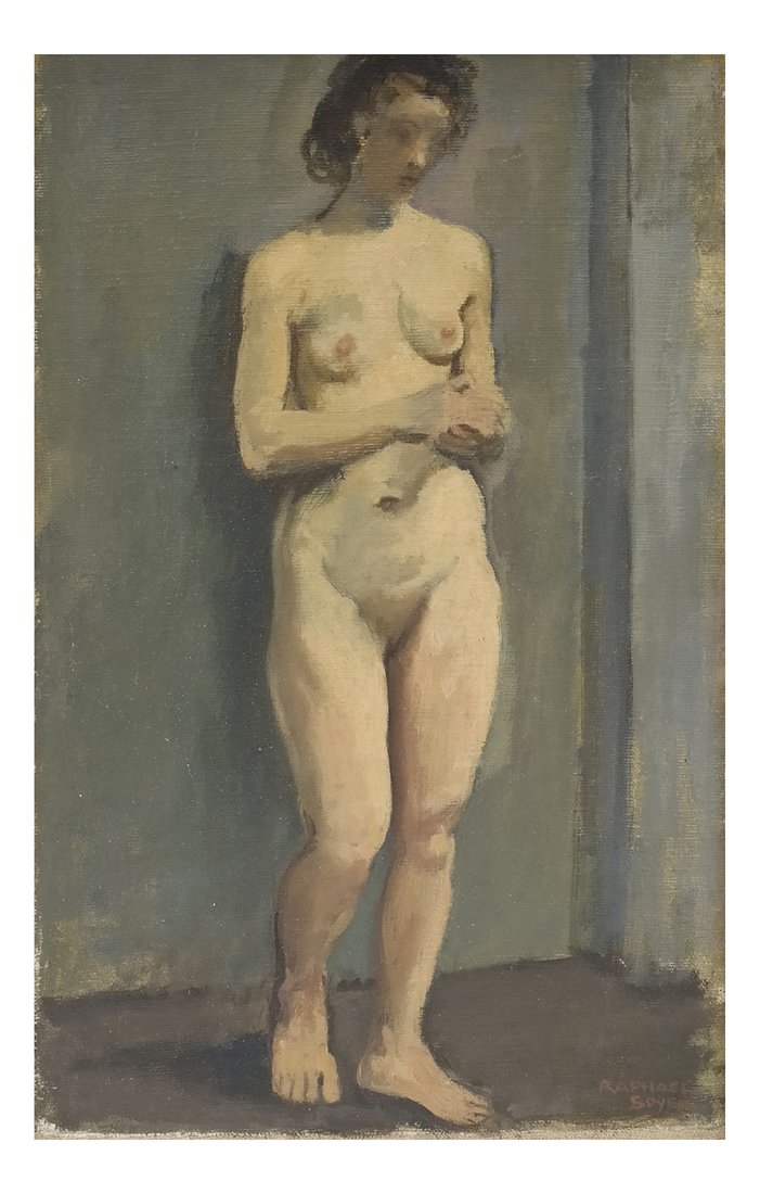 Raphael Soyer, Standing Female Nude: Raphael Soyer (Russian born, American 1899-1987) Standing female nude, signed lower right. Oil on canvas board. [Art: 16 1/2" H x 10 1/4" W; Frame: 23" H x 16 1/2" W]. In good condition.