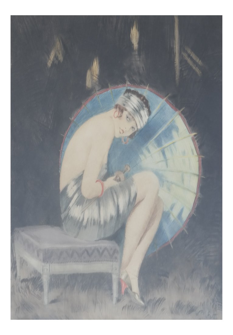William Ablett, "L'Estampe Moderne": William Ablett aquatint depicting an Art Deco style woman. Signed in pencil in the lower right corner. [Sight: 19 3/4" H x 16" W; Frame: 27 3/4" H x 23 1/2" W]. Slight mat burn and foxing. Unexamined