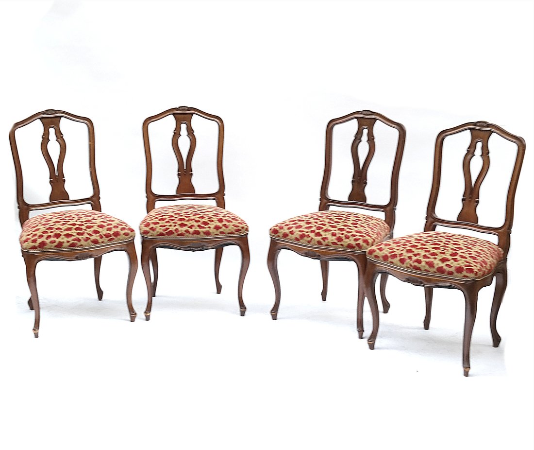 Set of 4 Louis XV-Style Side Chairs: Set of four Louis XV-style side chairs on cabriole legs. [38" H x 20" W x 18" D; Height to seat: 17" W]. Nicks and scuffs.