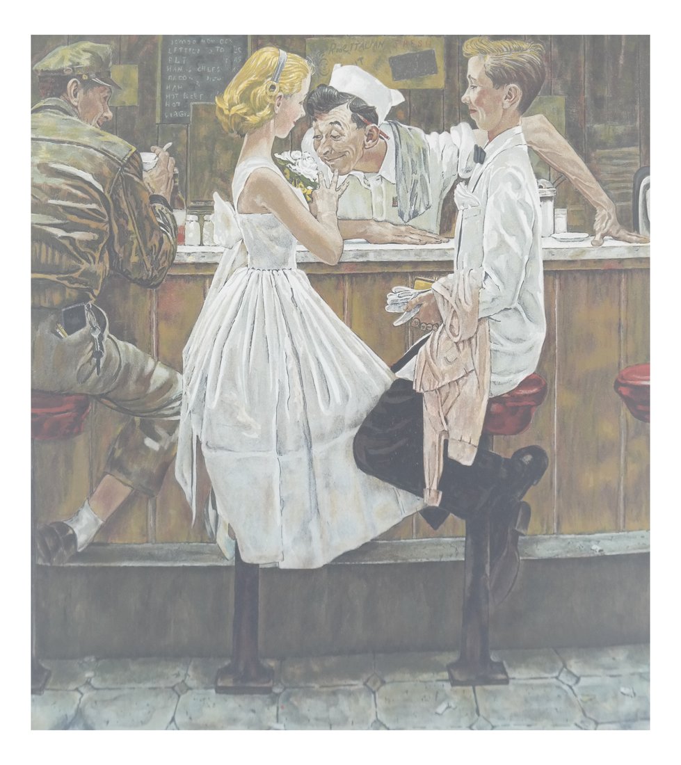 Rockwell, "After the Prom" Lithograph: Norman Rockwell, "After the Prom" lithograph, signed in lower right corner in pencil, "22/200." [Sight: 23" H x 21" W; Frame: 29 1/2"H x 27 1/4" W]. Good condition, unexamined out of frame.