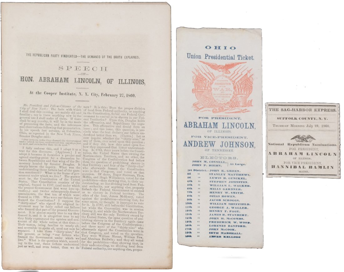 A. Lincoln & A. Johnson 1864 Ohio Union Presidential: Red and blue printed 1864 ticket, along with Sag-Harbor Express newspaper clipping, and printed copy of Lincoln and John Hickman speeches given at the Cooper Institute in New York City on February 27,