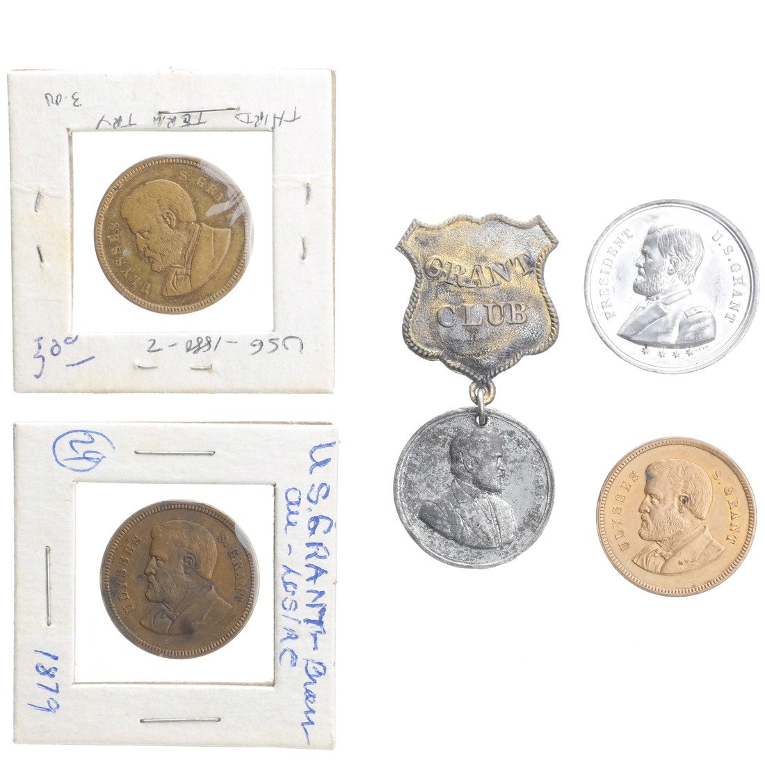 Ulysses S. Grant 1870s Medals: Free Homes medal, 1872. Aluminum, 28mm. By Robert Lovett Jr. USG 1872-5. Uniformed bust l. Rev Concentric legend. Grant Club Medal, 1872. White Metal, 25mm with shield pinback header. Grant Parade Med