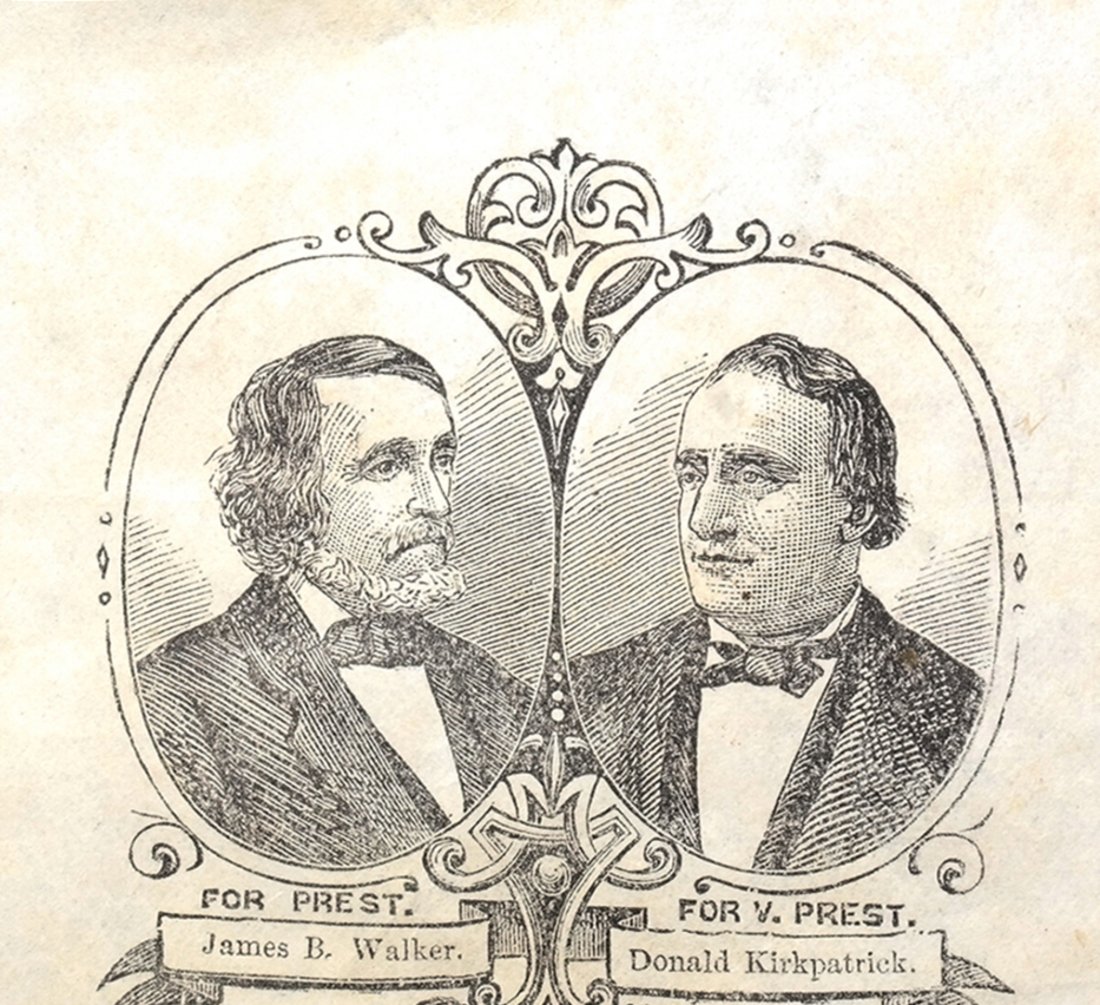J.B. Walker & D. Kirkpatrick 1876 Clipped Jugate: Small engraved 1876 jugate image of American National Party candidates James B. Walker [for President] and Donald Kirkpatrick [for Vice President]. Both appear in oval, bust length, 3/4 profile, poses