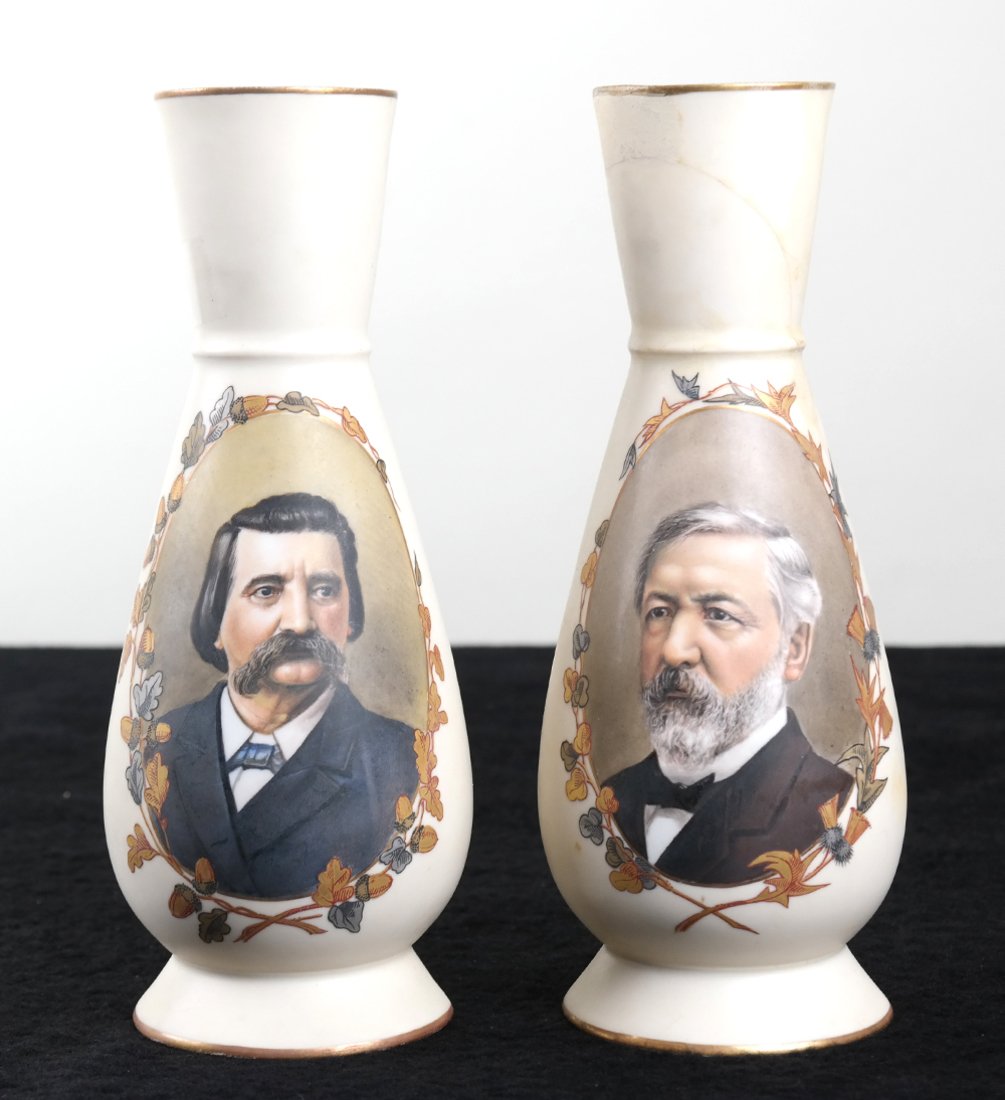 Pair of J. Blaine & J. Logan Vases: Unmarked off-white porcelain vases in the manner of Royal Worcester. The first bears a portrait of James G. Blaine within an oval frame of clover and thistle. The mate bears a portrait of republican c