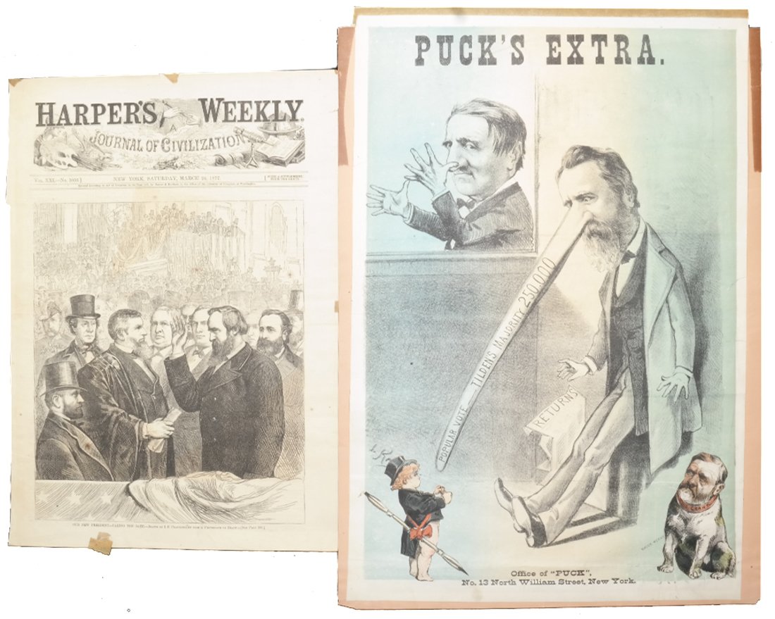 Rutherford B. Hayes 1876 Puck Illustration & 1877: Comprises: 1.) Color lithograph broadside illustration of Hayes with elongated Pinocchio-type nose imprinted "Popular Vote - Tilden's Majority 250,000." In the background behind a low wall Tilden make