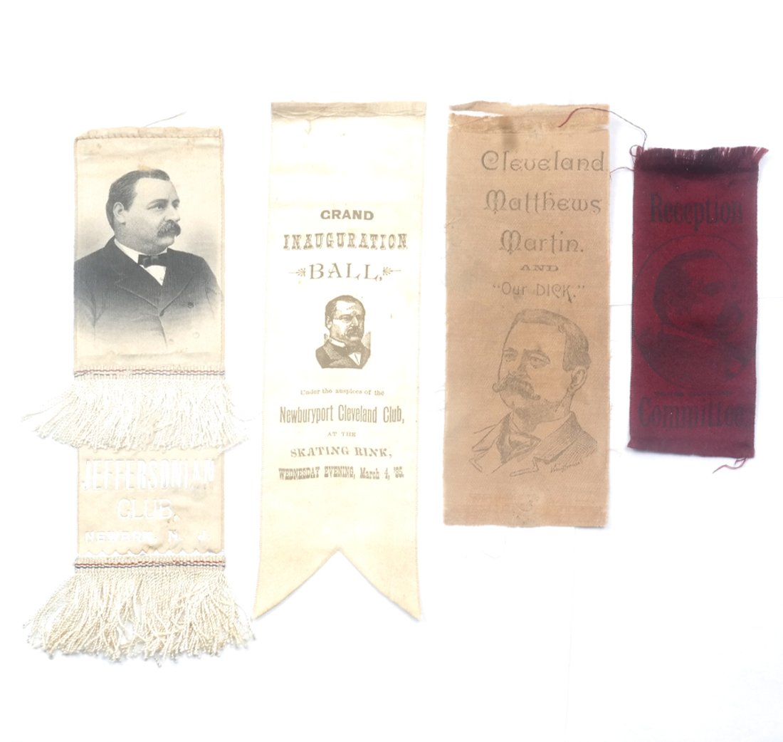 Grover Cleveland 1884 Satin Campaign Portrait Ribbons: Comprises: 1.) Two-tier format champagne-tone satin ribbon with applied fringe trim at center and bottom. Bears a portrait of Cleveland at top and silver-stamped imprint at bottom "Jeffersonian Club /